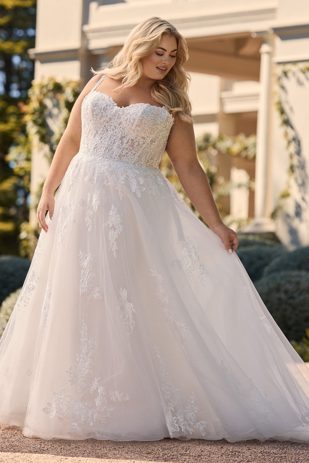 Sophia Tolli Maya Y3173 a-line wedding dress with straps and floral appliqués plus size front view