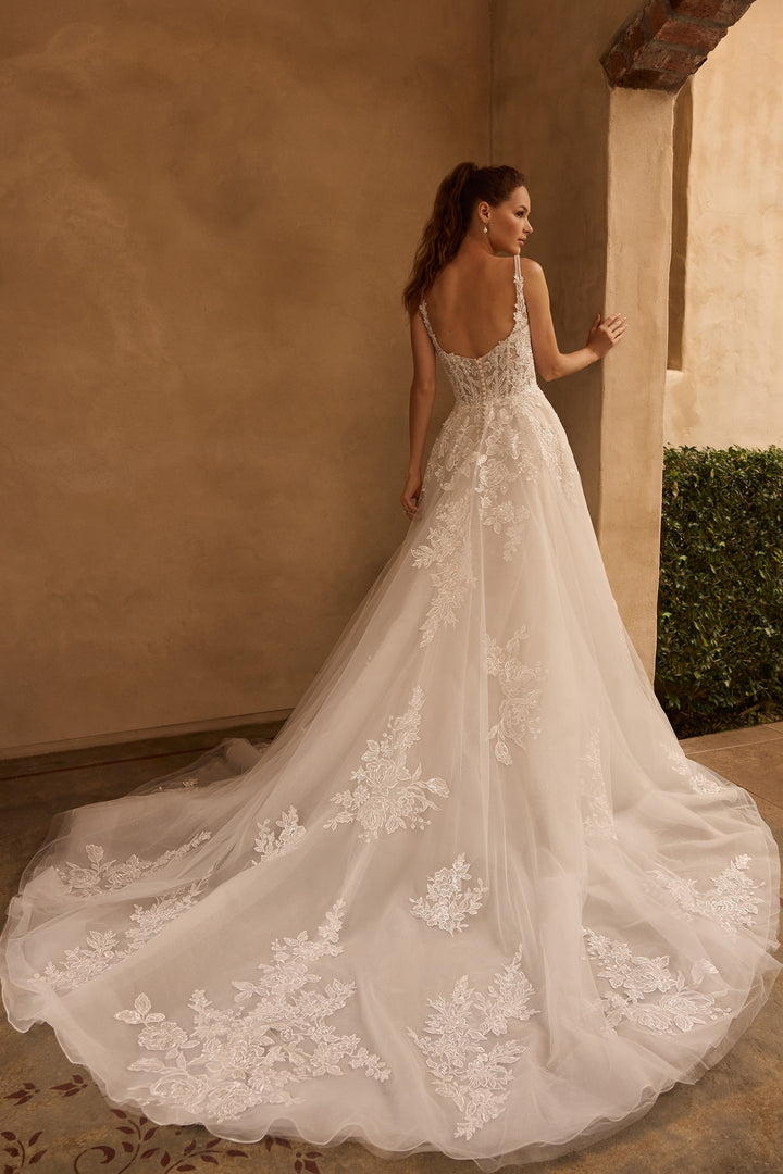 Sophia Tolli Maya Y3173 a-line wedding dress with straps and floral appliqués train view
