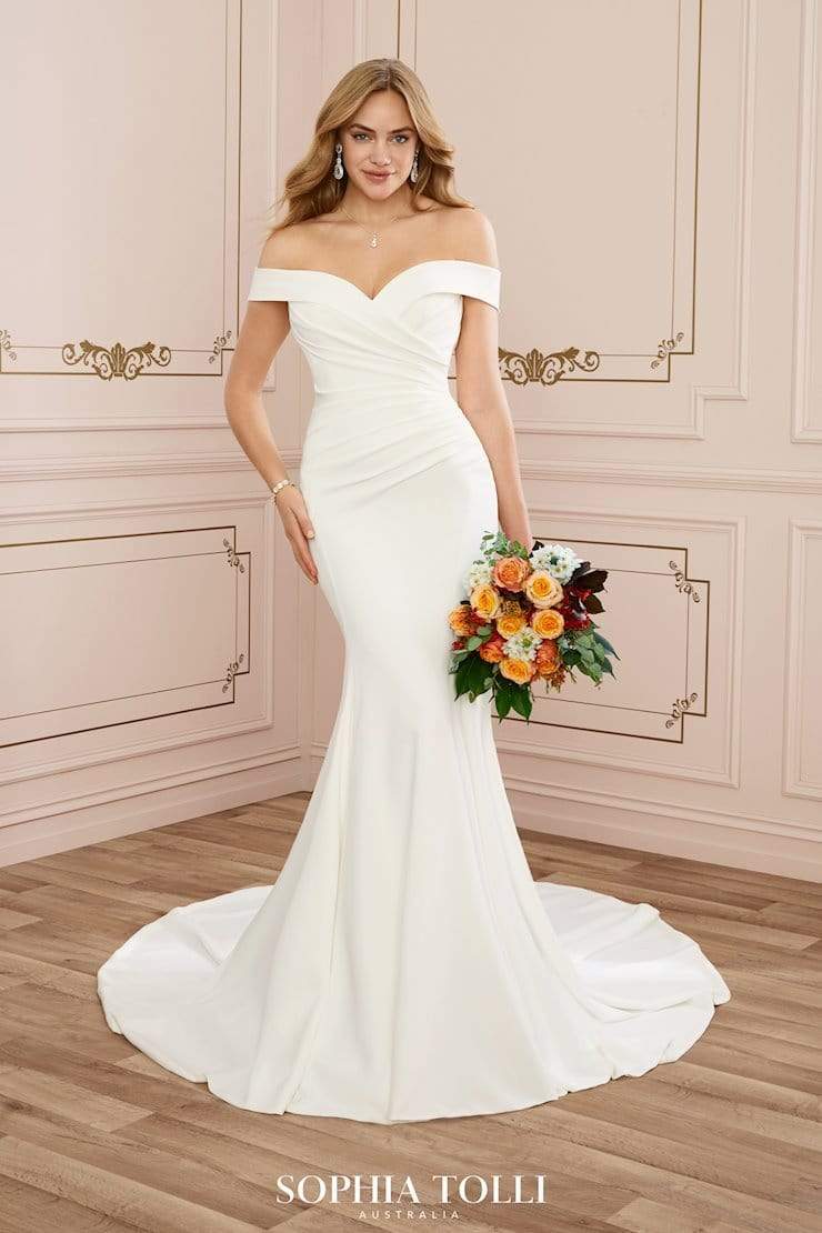 Sophia Tolli Y22045  Emma fit and flare wedding dress with off-the-shoulder straps and rushing front view