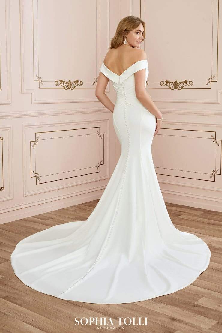 Sophia Tolli Y22045  Emma fit and flare wedding dress with off-the-shoulder straps and rushing back view