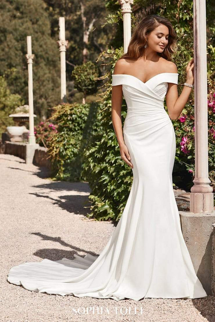 Sophia Tolli Y22045  Emma fit and flare wedding dress with off-the-shoulder straps and rushing front view