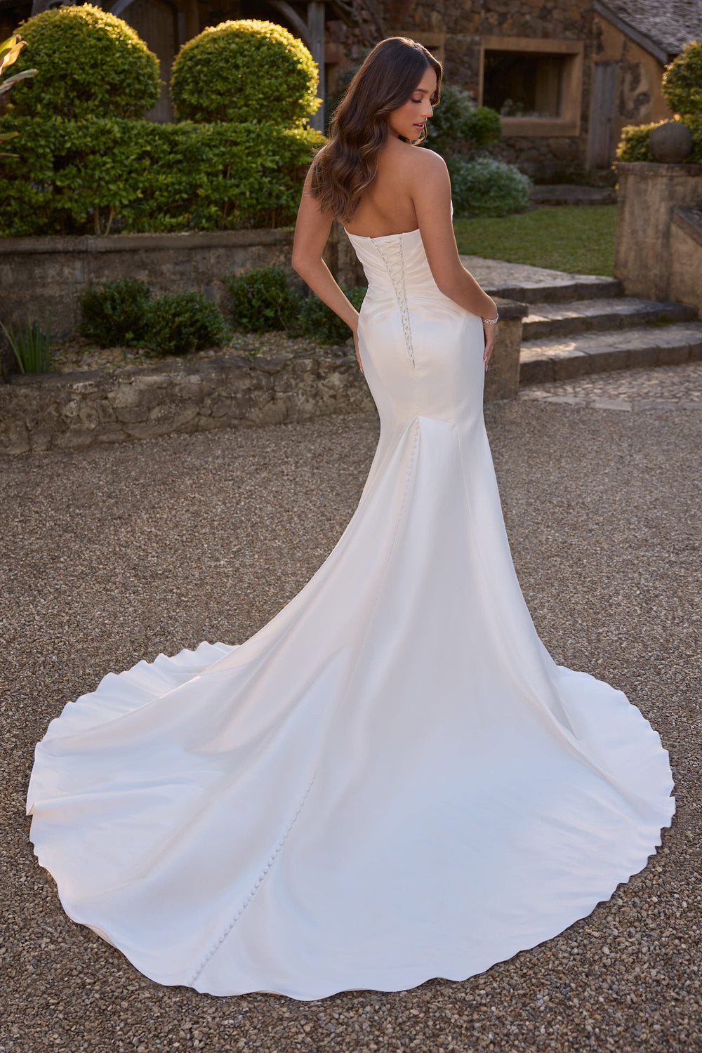 Sophia Tolli Y3142 Nancy strapless fit-and-flare-wedding dress with corset back and structured bodice back view