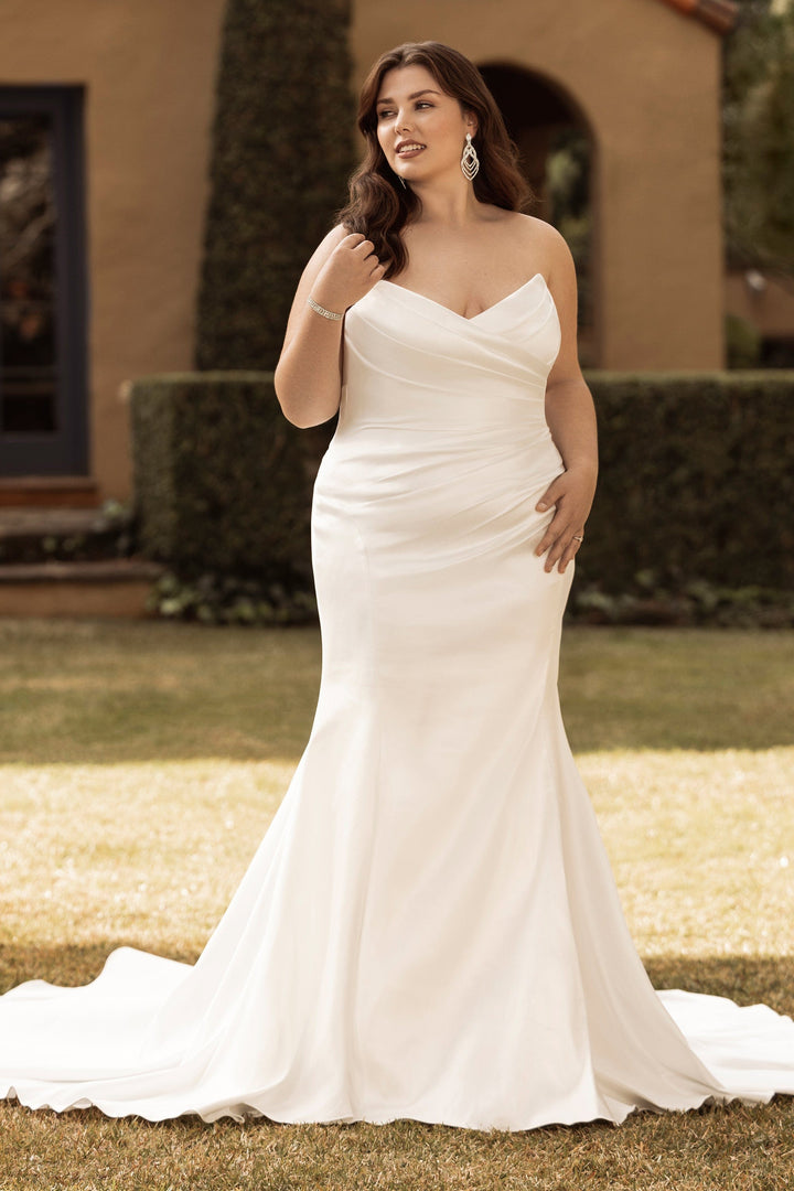 Sophia Tolli Y3142 Nancy strapless fit-and-flare-wedding dress with rushing and structured bodice plus size front view