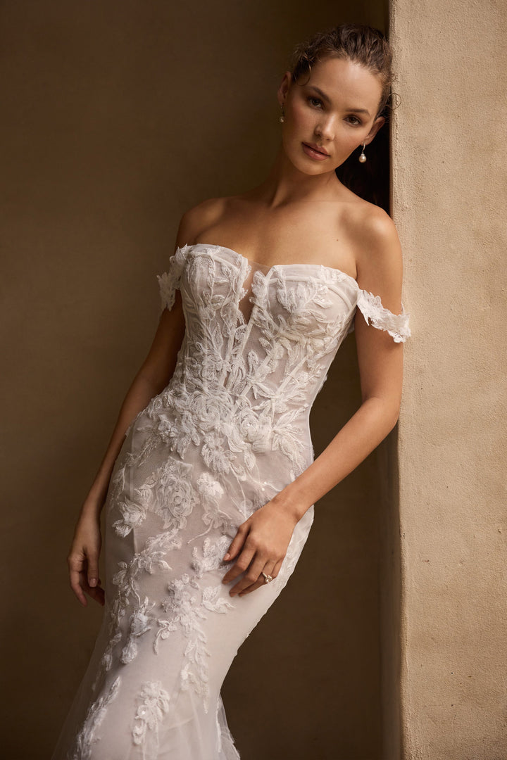 Sophia Tolli Y3160 Anke fit and flare wedding dress with floral appliqués front details view