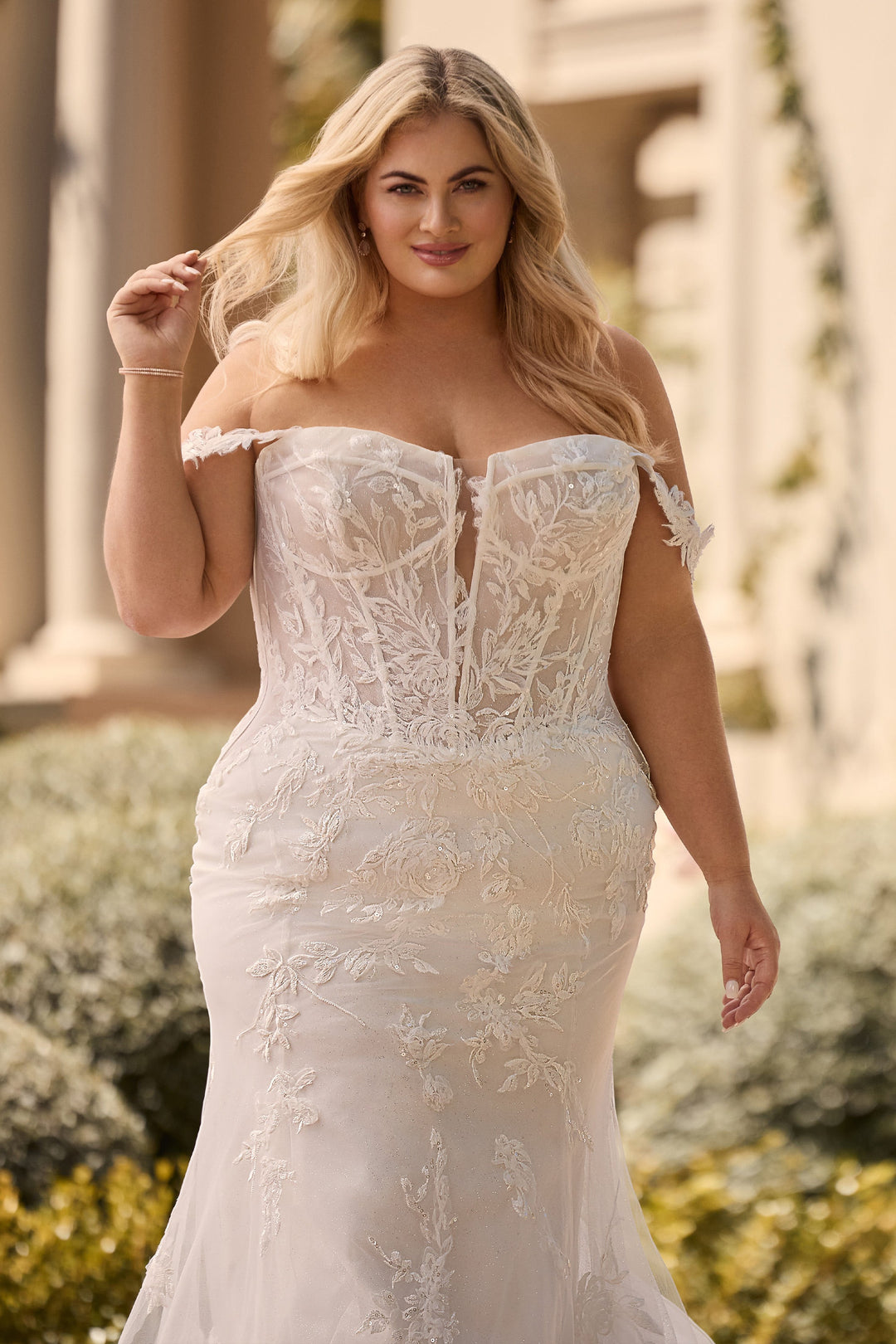 Sophia Tolli Y3160 Anke fit and flare wedding dress with floral appliqués plus size front details view