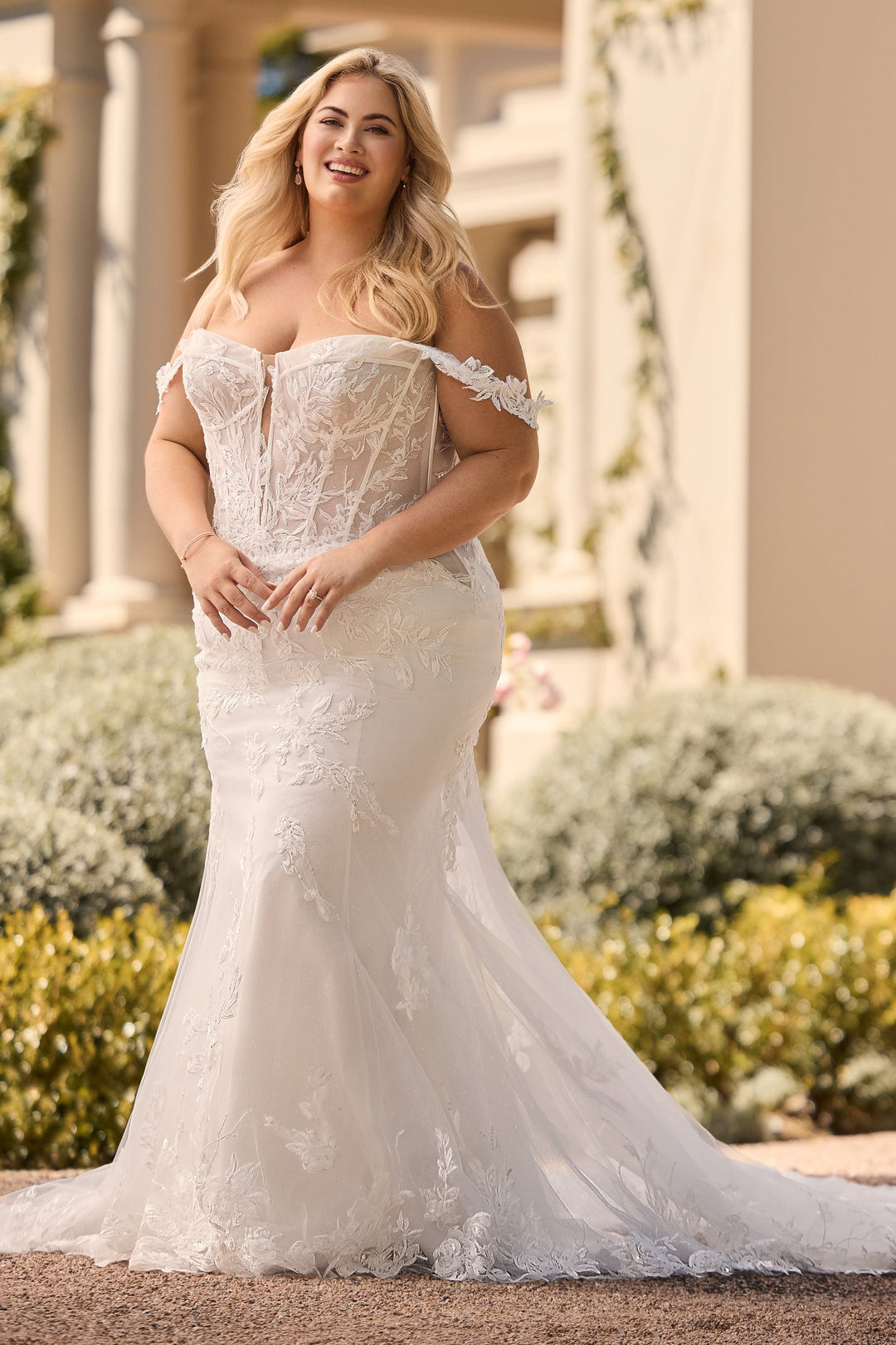 Sophia Tolli Y3160 Anke fit and flare wedding dress with floral appliqués plus size front view