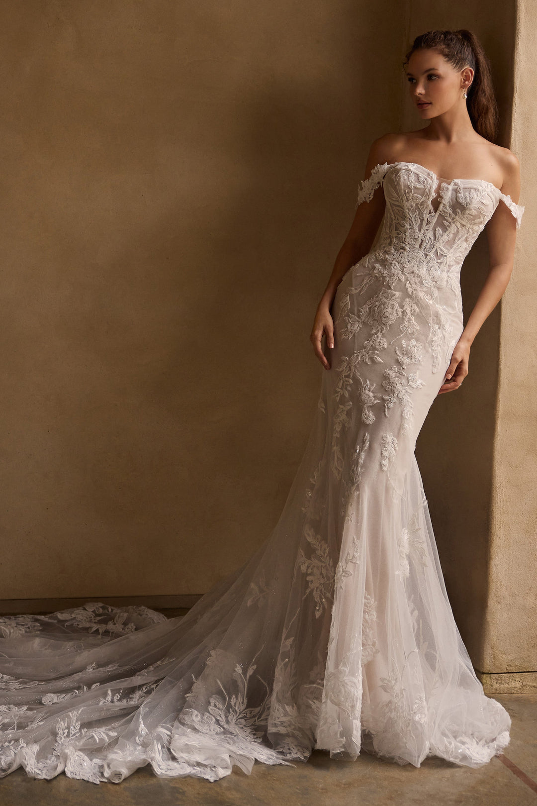 Sophia Tolli Y3160 Anke fit and flare wedding dress with floral appliqués front side view