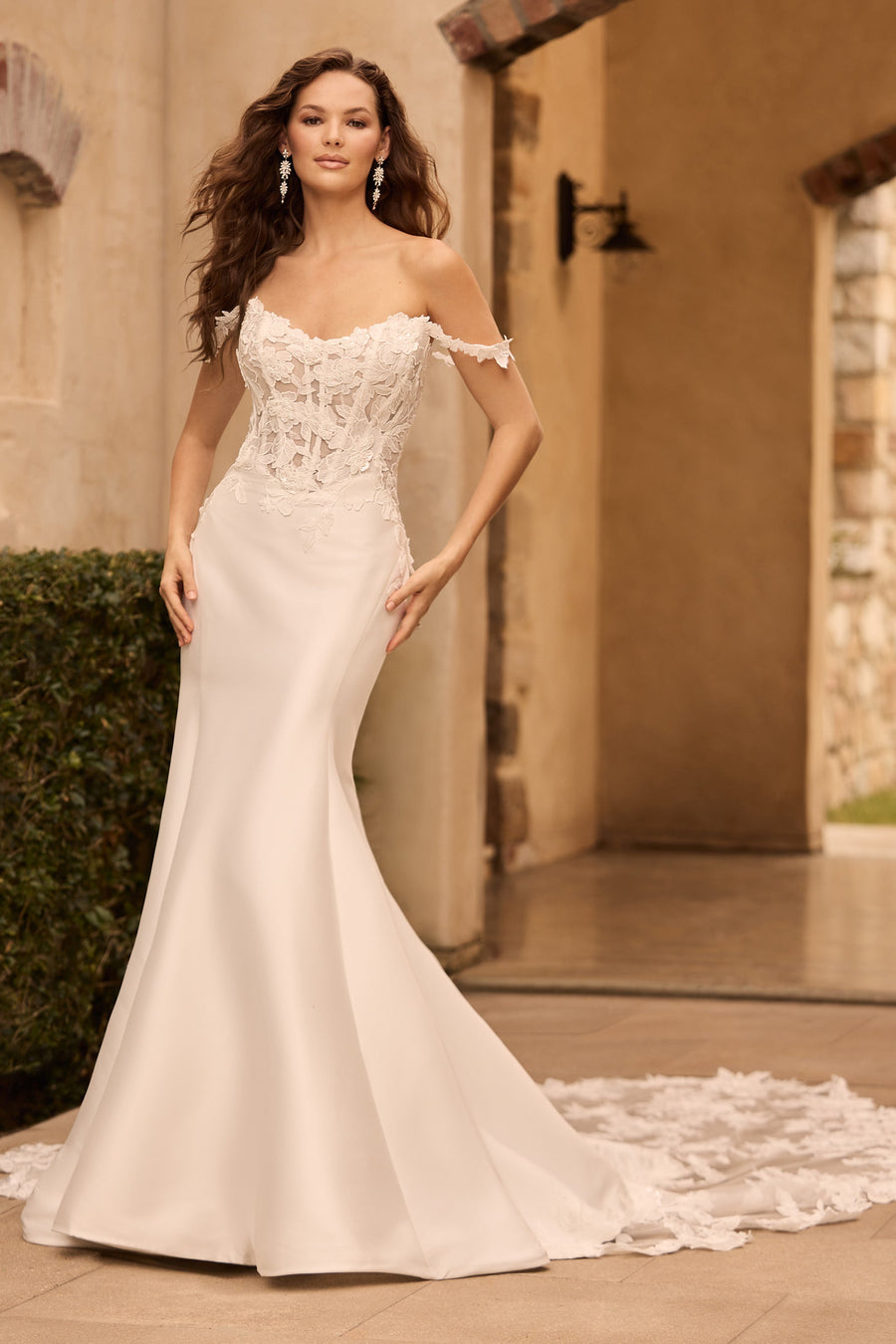 Sophia Tolli Y3163 Dove fit-and-flare wedding dress with floral lace and mikado skirt front view