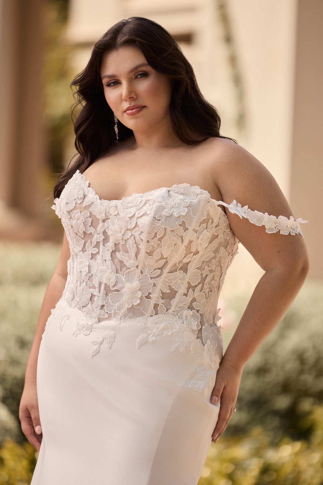 Sophia Tolli Y3163 Dove fit-and-flare wedding dress with floral lace and mikado skirt plus size front details view
