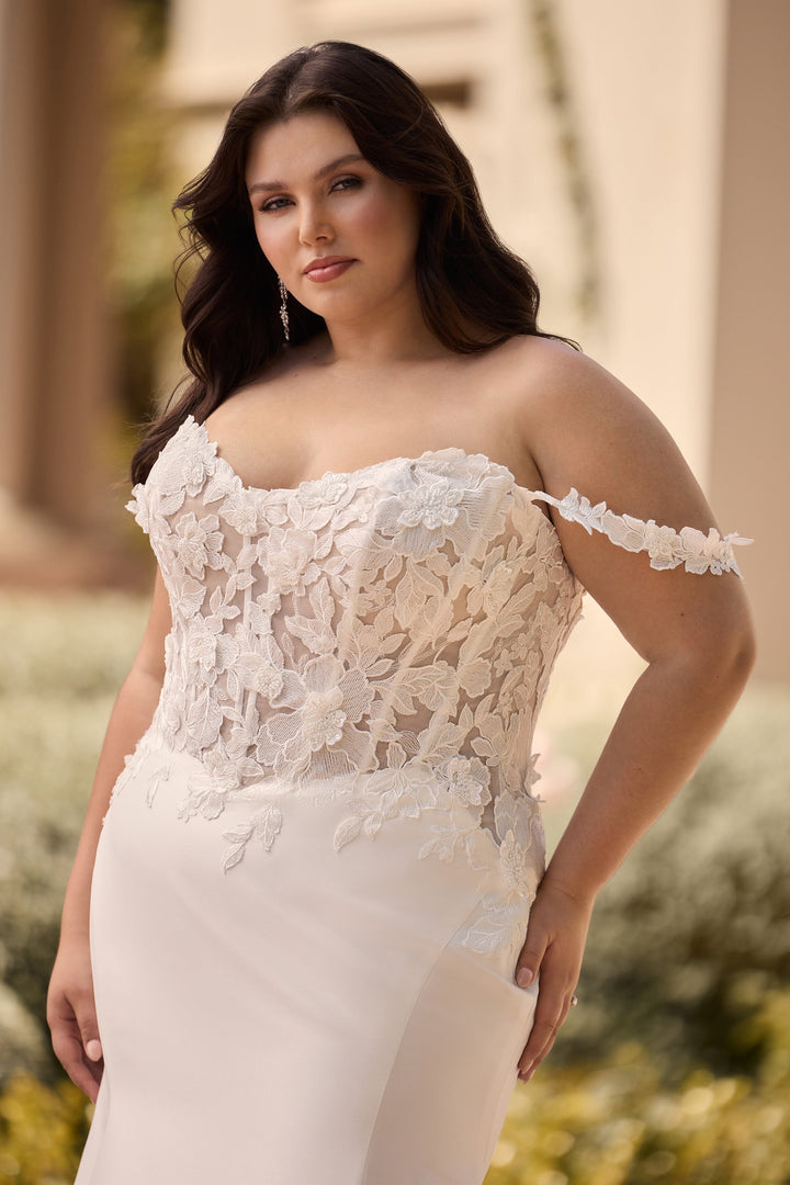 Sophia Tolli Y3163 Dove fit-and-flare wedding dress with floral lace and mikado skirt plus size front details view