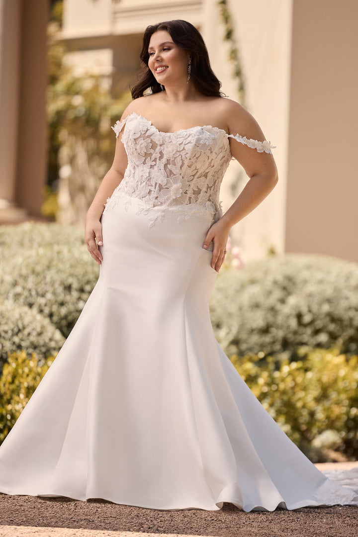 Sophia Tolli Y3163 Dove fit-and-flare wedding dress with floral lace and mikado skirt plus size front view