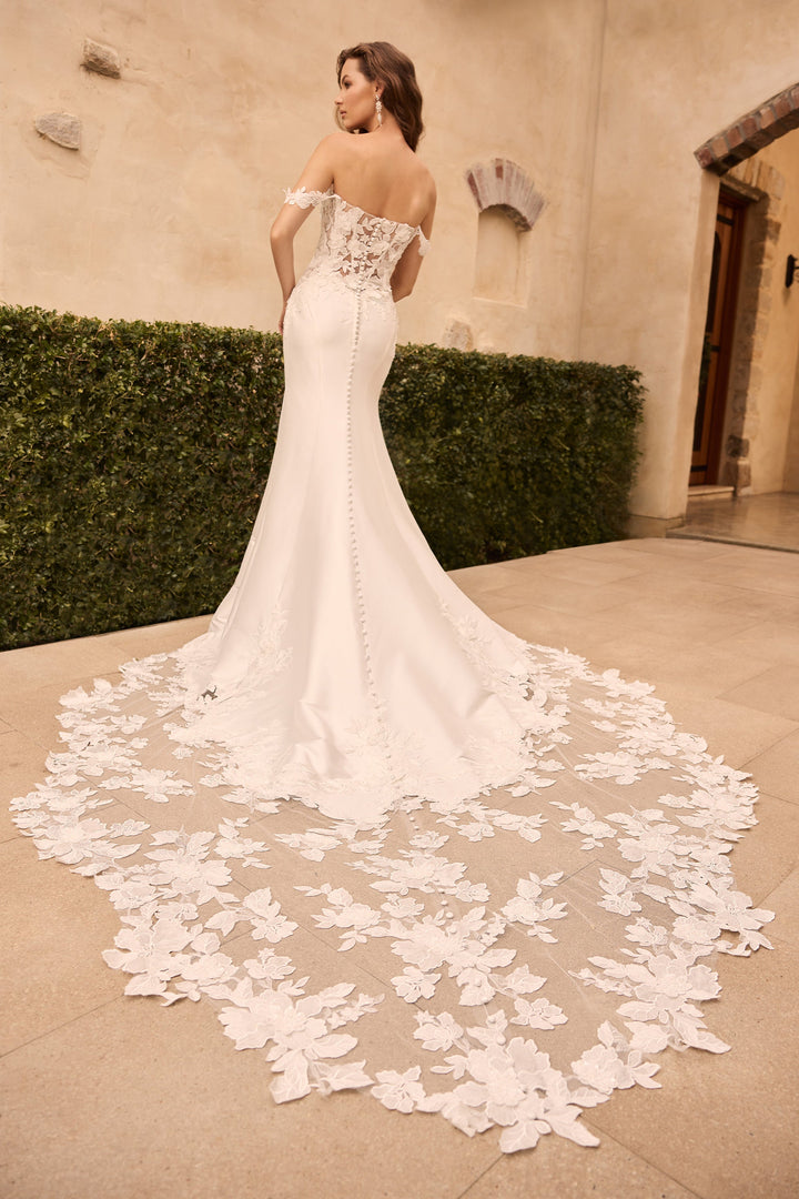 Sophia Tolli Y3163 Dove fit-and-flare wedding dress with floral lace and mikado skirt train view