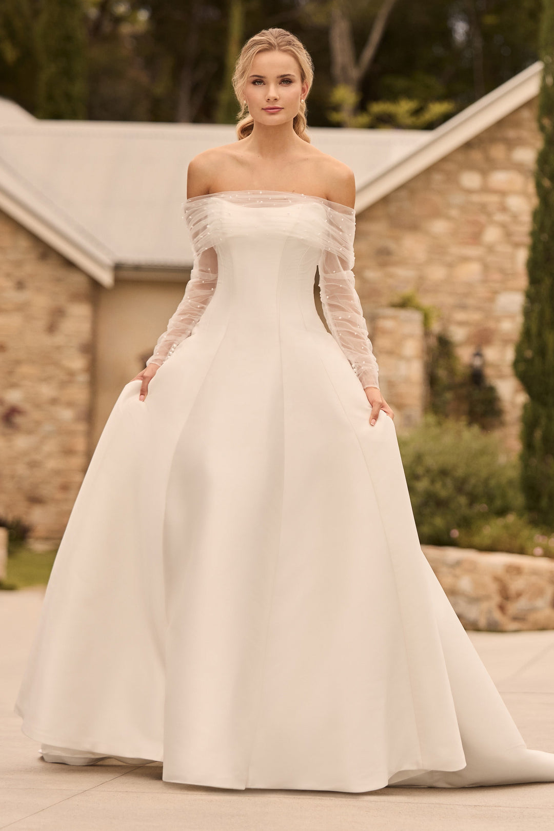 Sophia Tolli Y3166 Pearl a-line mikado wedding dress with long sleeve jacket front view