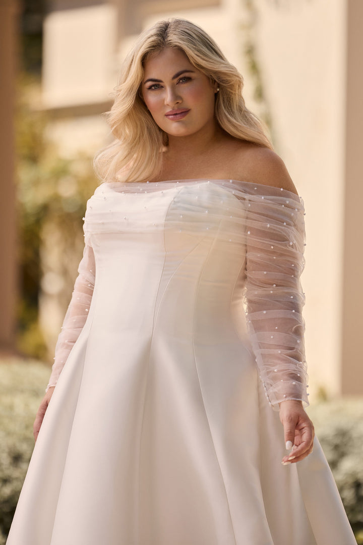 Sophia Tolli Y3166 Pearl a-line mikado wedding dress with long sleeve jacket plus size front details view