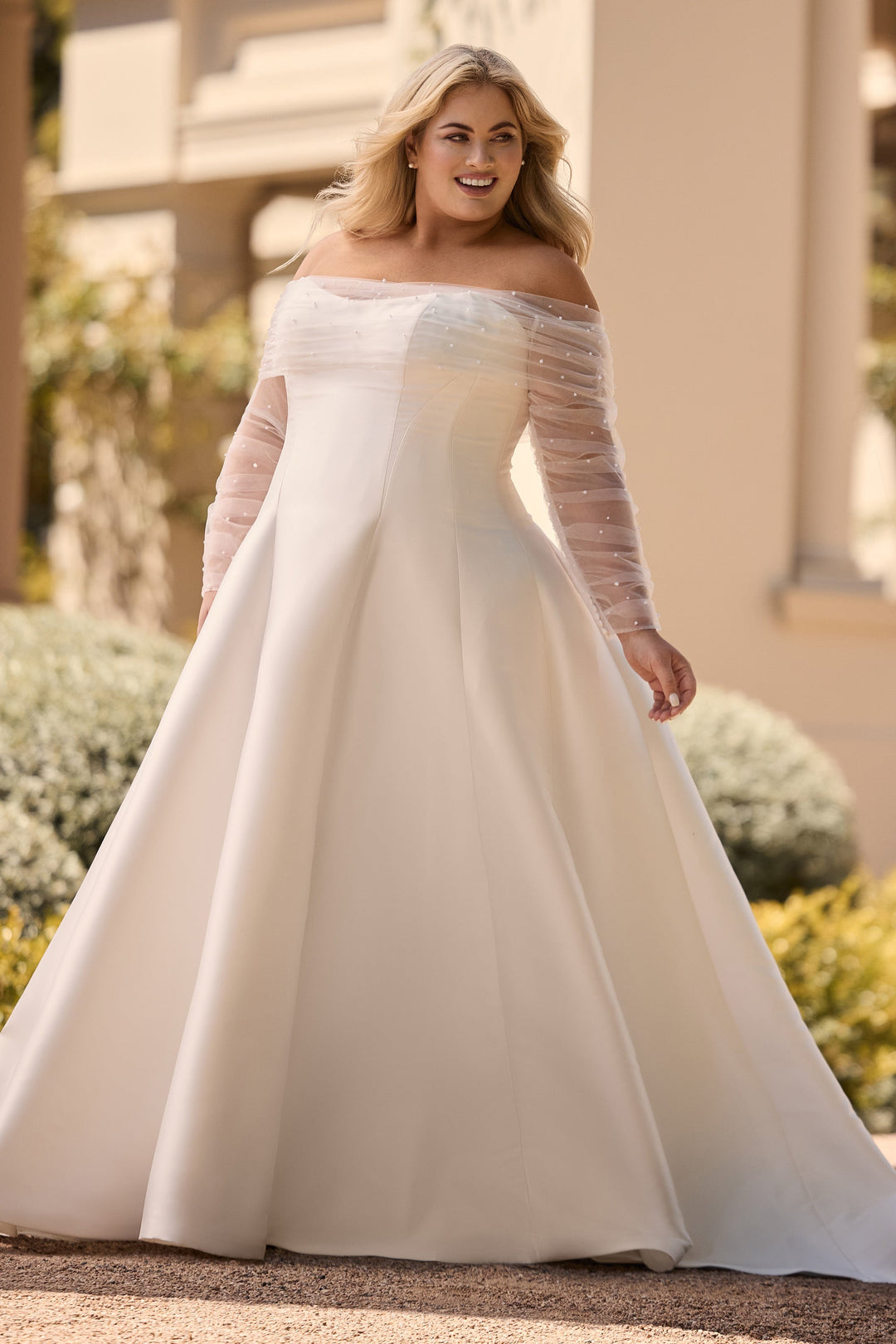Sophia Tolli Y3166 Pearl a-line mikado wedding dress with long sleeve jacket plus size front view