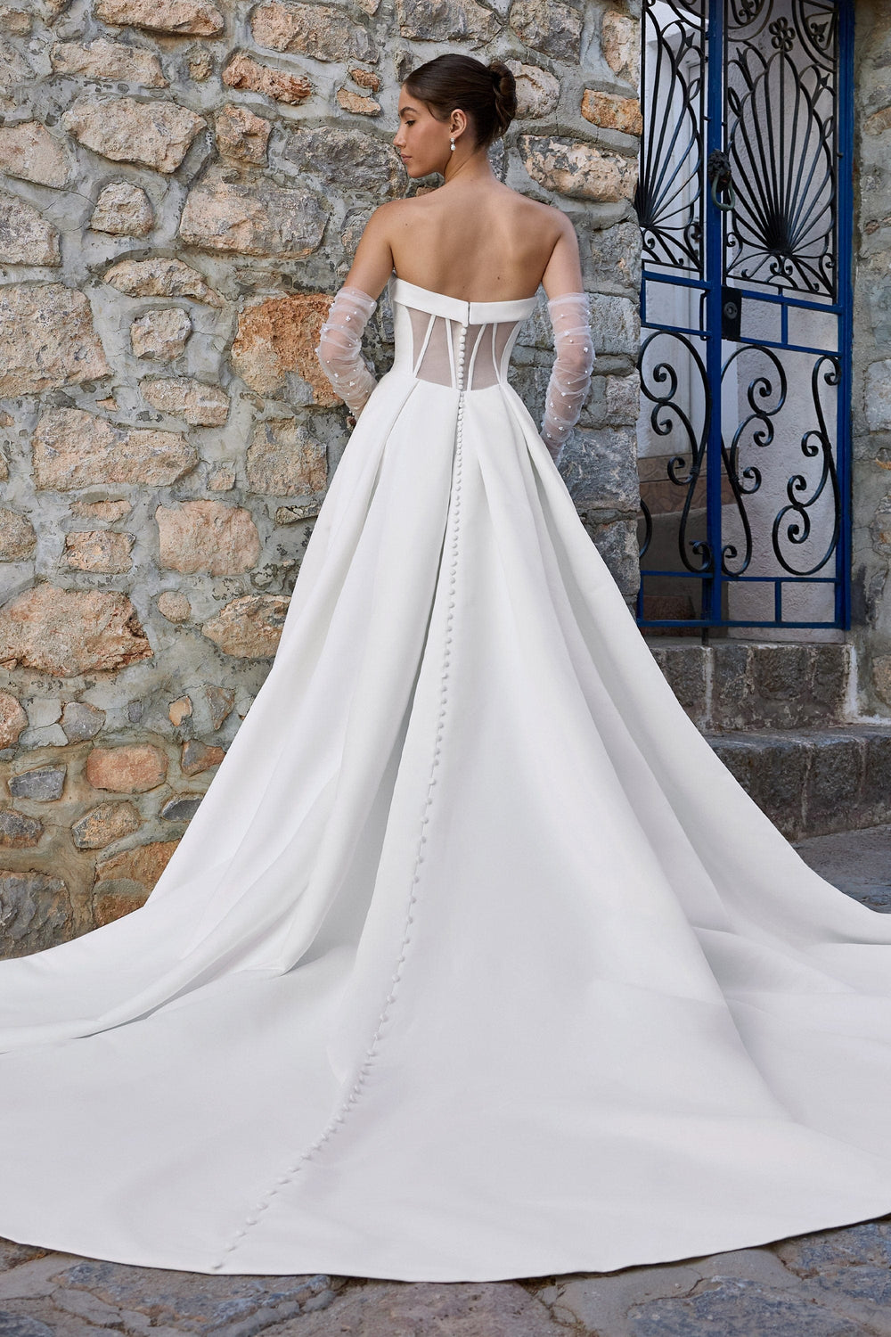 Sophia Tolli Y3187 Teagan a-line wedding dress with leg slit and sweetheart neckline back view