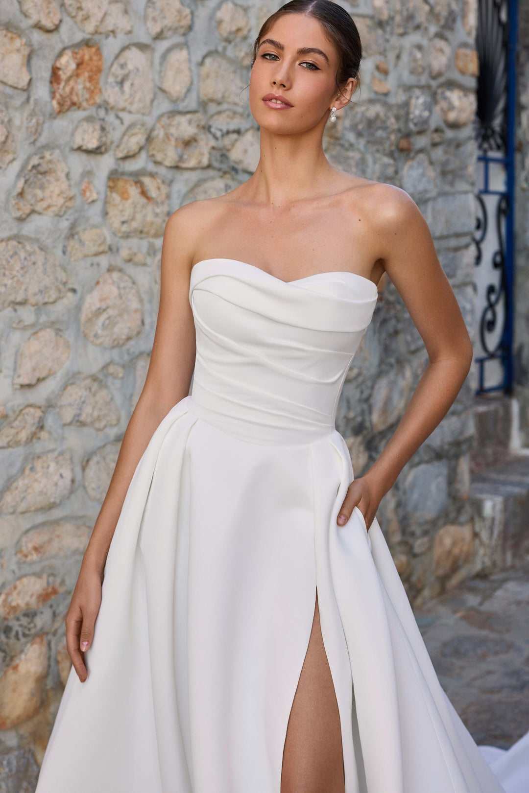 Sophia Tolli Y3187 Teagan a-line wedding dress with leg slit and sweetheart neckline view