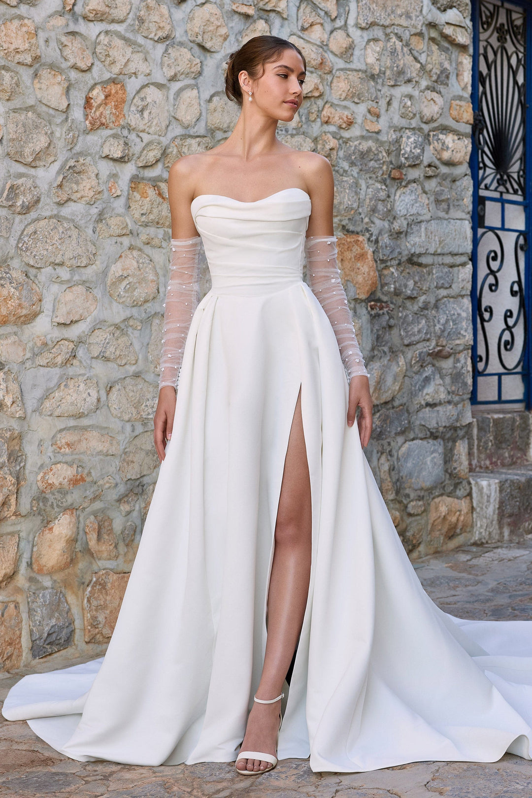 Sophia Tolli Y3187 Teagan a-line wedding dress with leg slit and sweetheart neckline front view