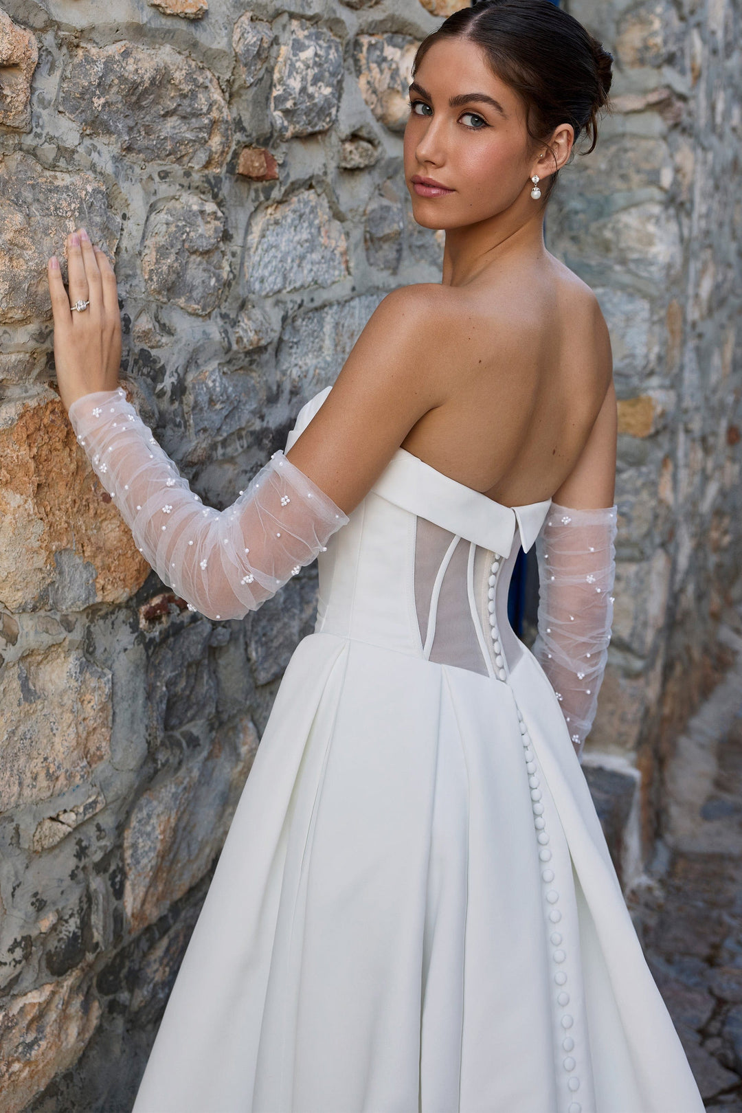 Sophia Tolli Y3187 Teagan a-line wedding dress with leg slit and sweetheart neckline side view
