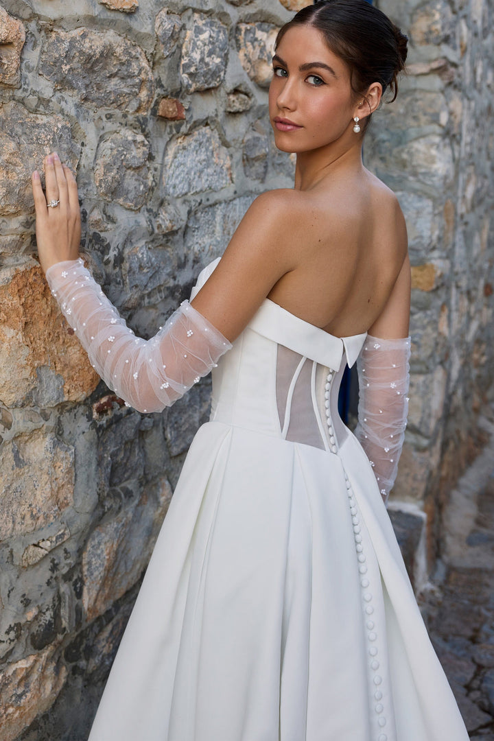 Sophia Tolli Y3187 Teagan a-line wedding dress with leg slit and sweetheart neckline side view
