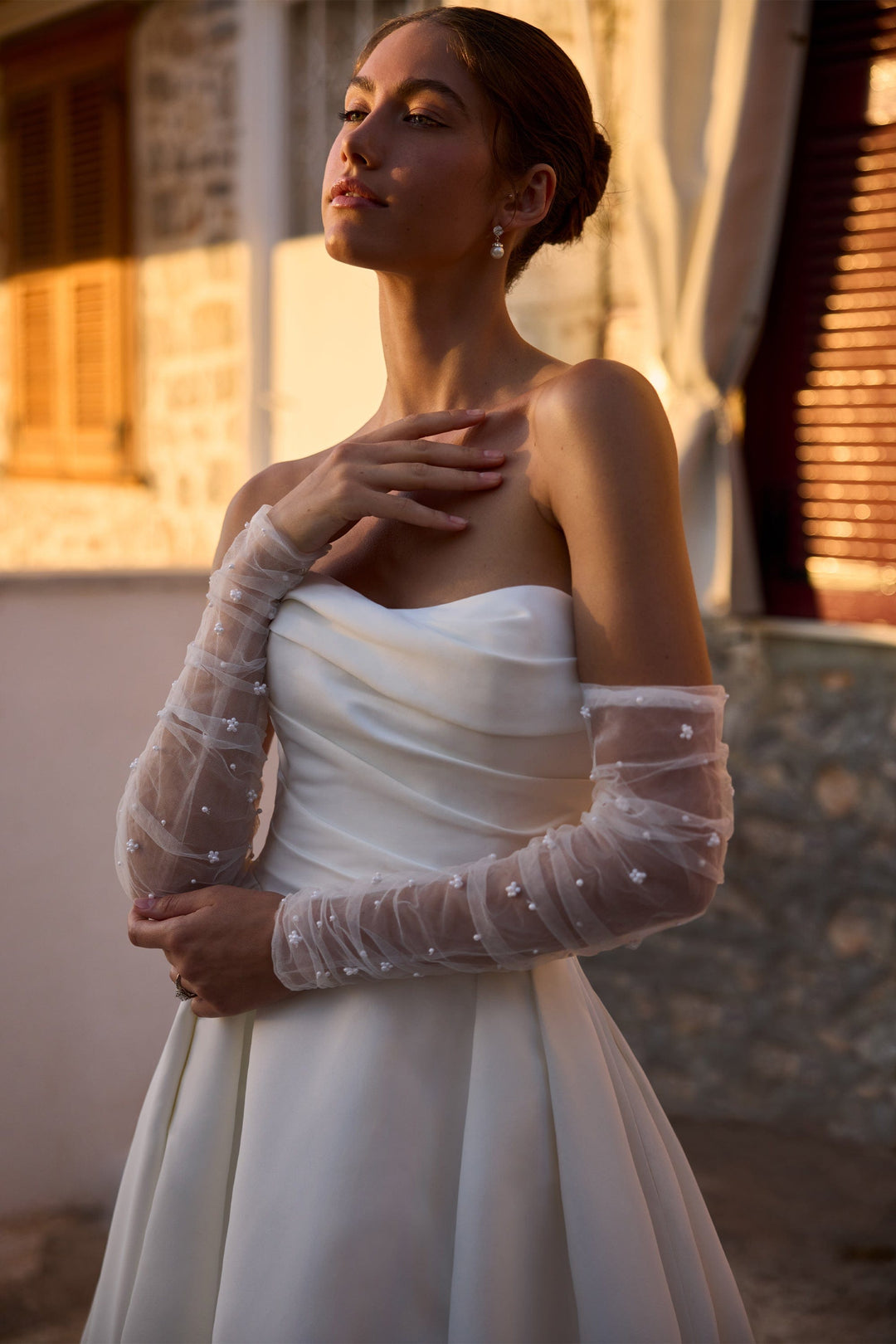 Sophia Tolli Y3187 Teagan a-line wedding dress with leg slit and sweetheart neckline front details view