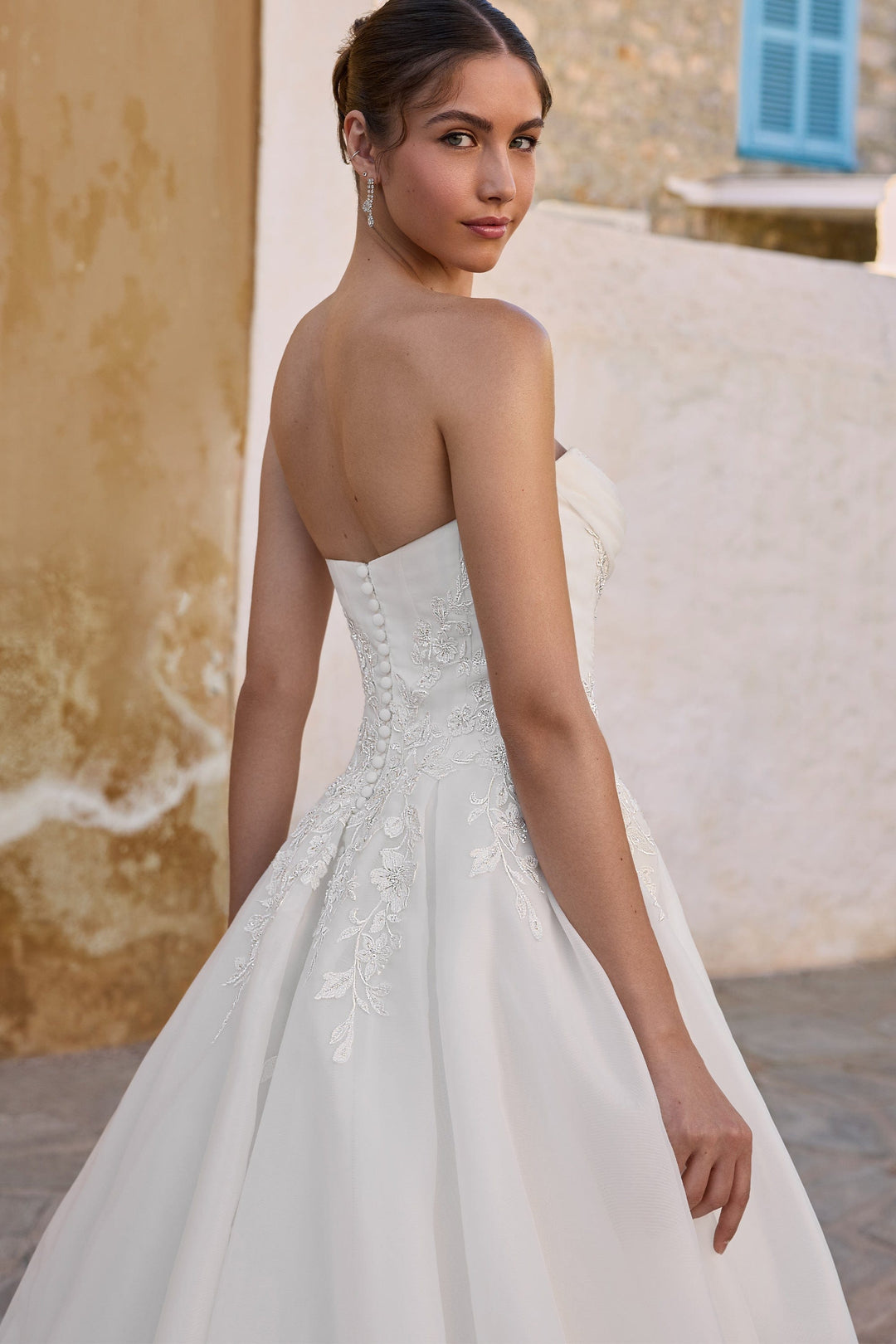 Sophia Tolli Y3195 Joy organza wedding dress with scoop neckline and dropped waist back details view
