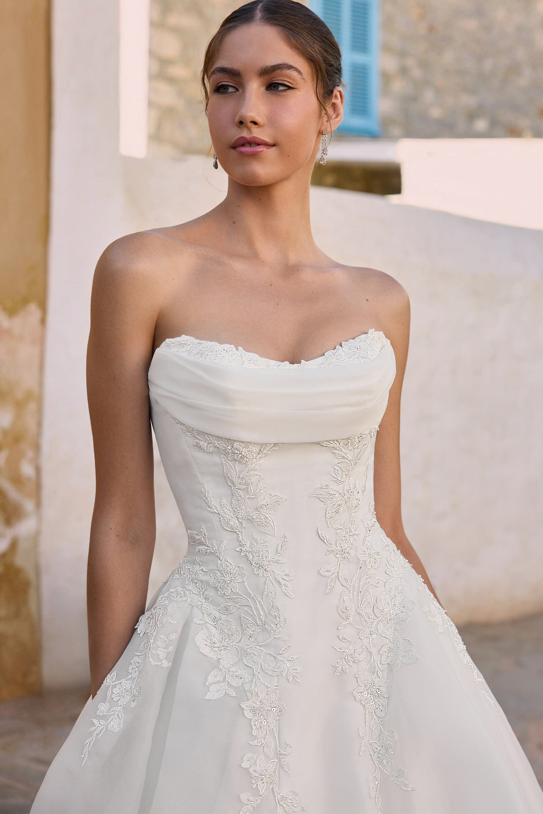Sophia Tolli Y3195 Joy organza wedding dress with scoop neckline and dropped waist front details view