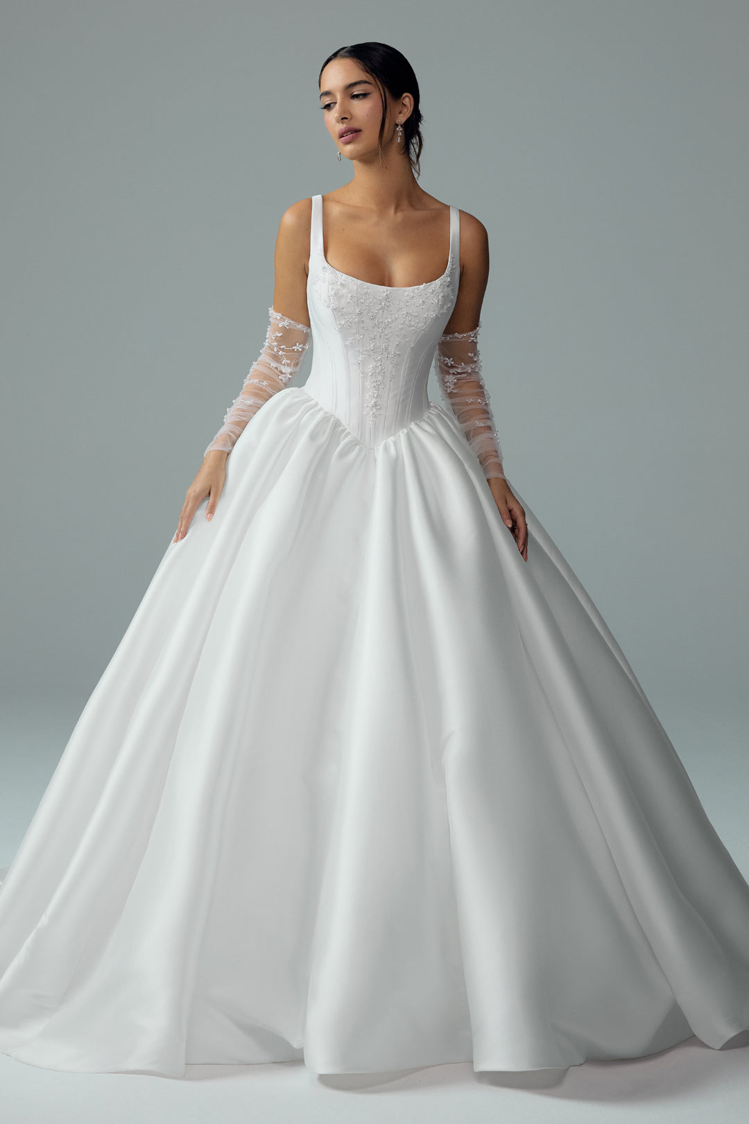 Sophia Tolli Y3213 Maribel ball-gown wedding dress with structured bodice and long sleeves front view