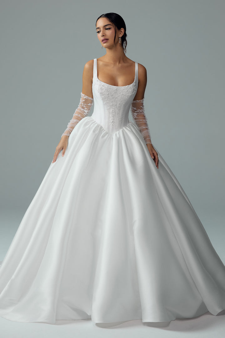 Sophia Tolli Y3213 Maribel ball-gown wedding dress with structured bodice and long sleeves front view