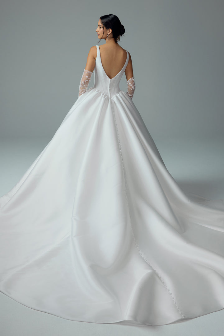 Sophia Tolli Y3213 Maribel ball-gown wedding dress with structured bodice and Basque waist train view