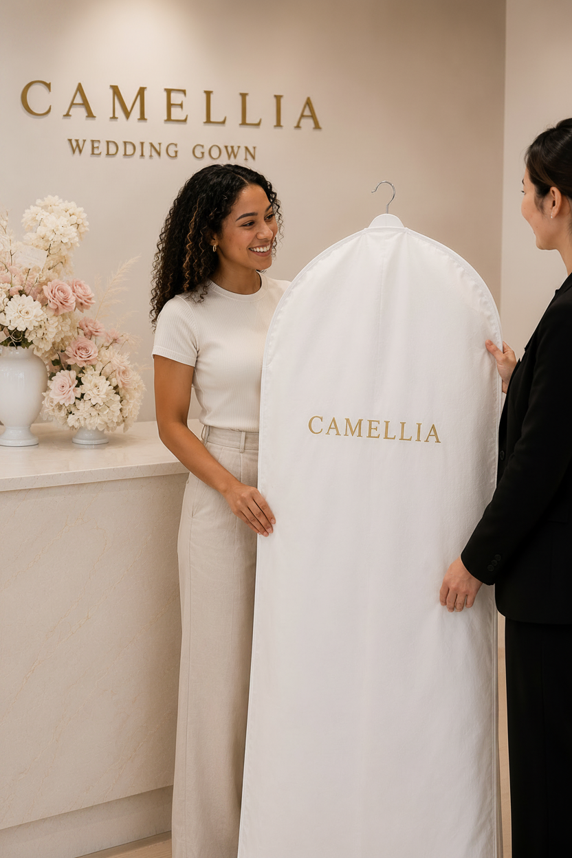 Bride taking home her off-the-rack designer wedding dress in a Camellia garment bag after purchasing at Camellia Wedding Gown's sample sale in Toronto.