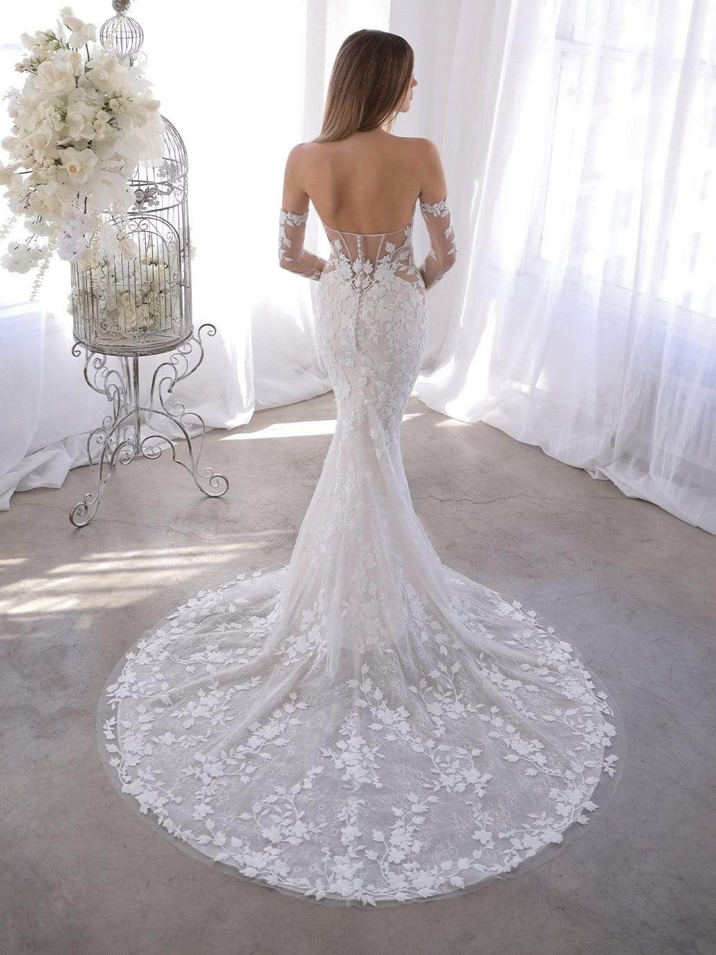 Blue by Enzoani Orrie sample sale wedding dress with floral lace back view