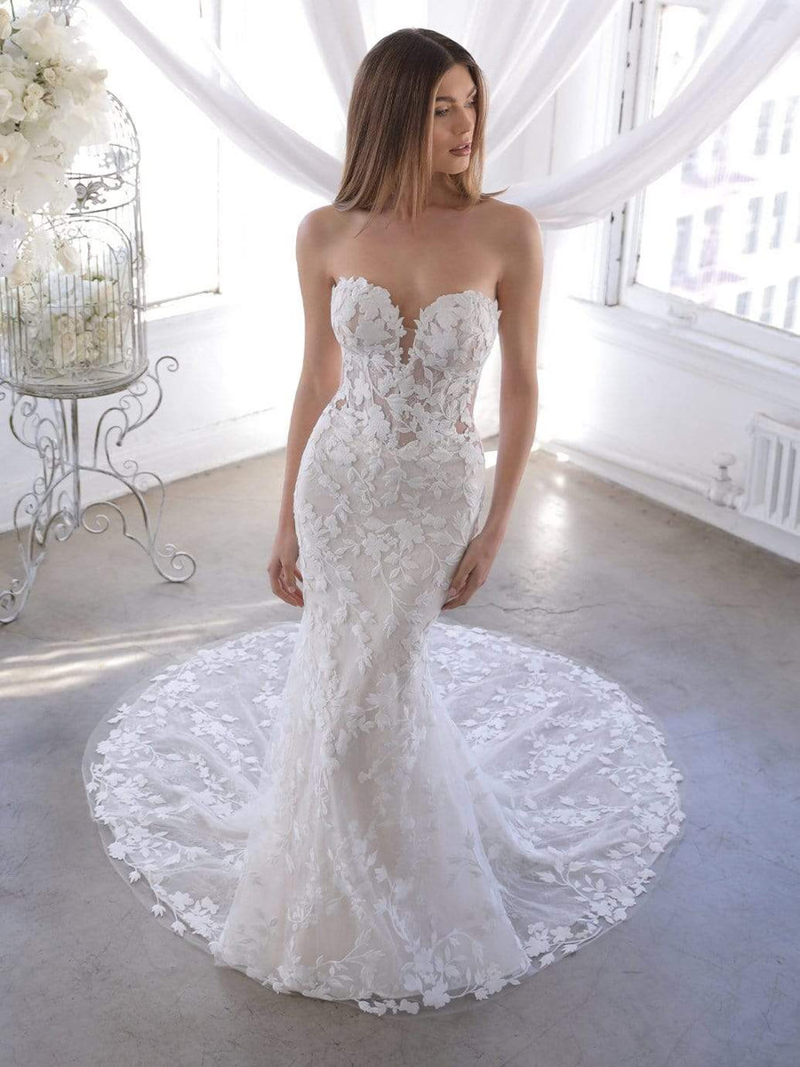 Blue by Enzoani Orrie sample sale wedding dress with floral lace front view