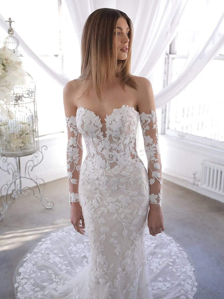 Blue by Enzoani Orrie sample sale wedding dress with floral lace long sleeves front details