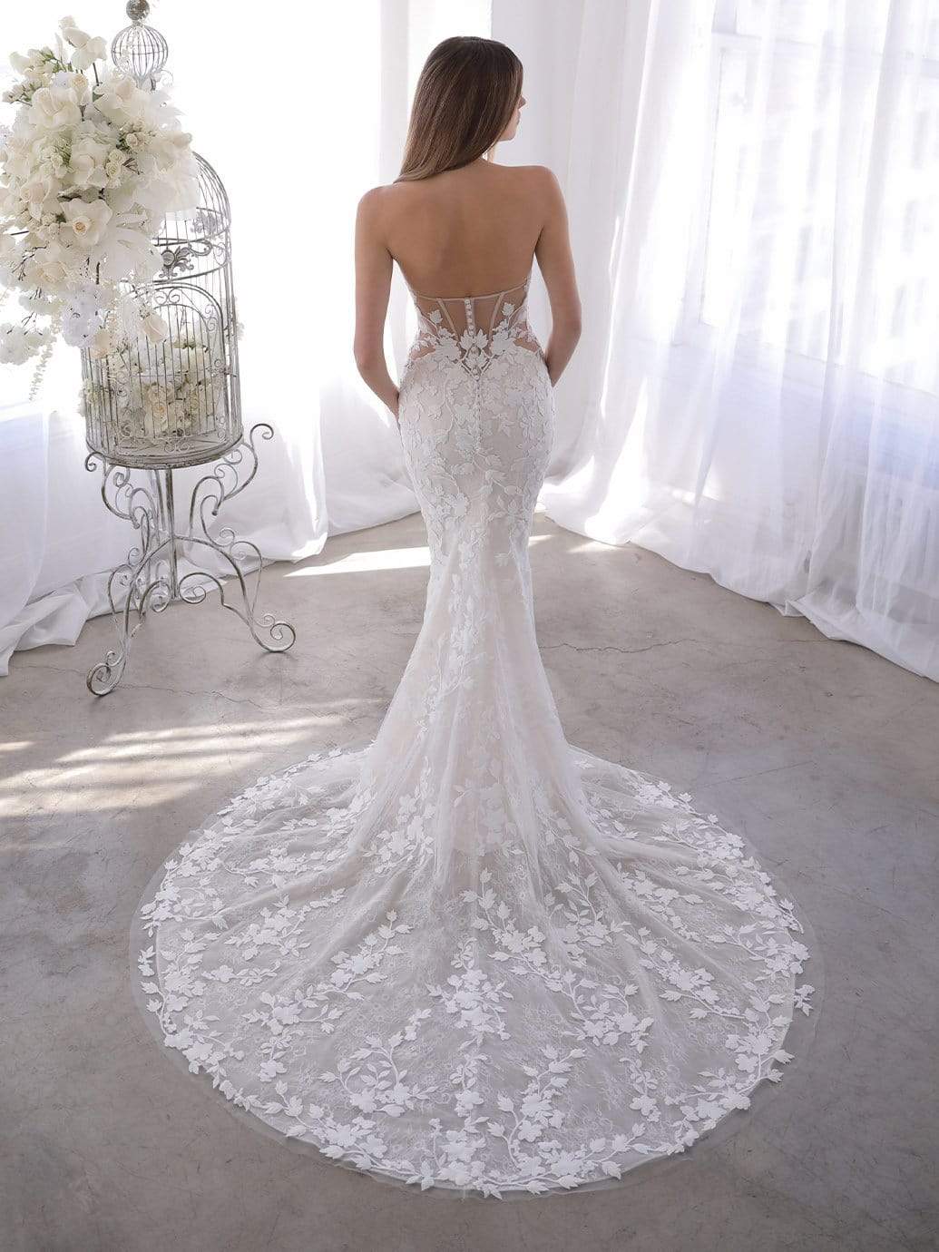 Blue by Enzoani Orrie sample sale wedding dress with floral lace train view