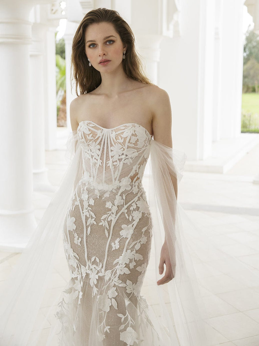 Blue by Enzoani Rowan strapless mermaid wedding dress with floral design front details view