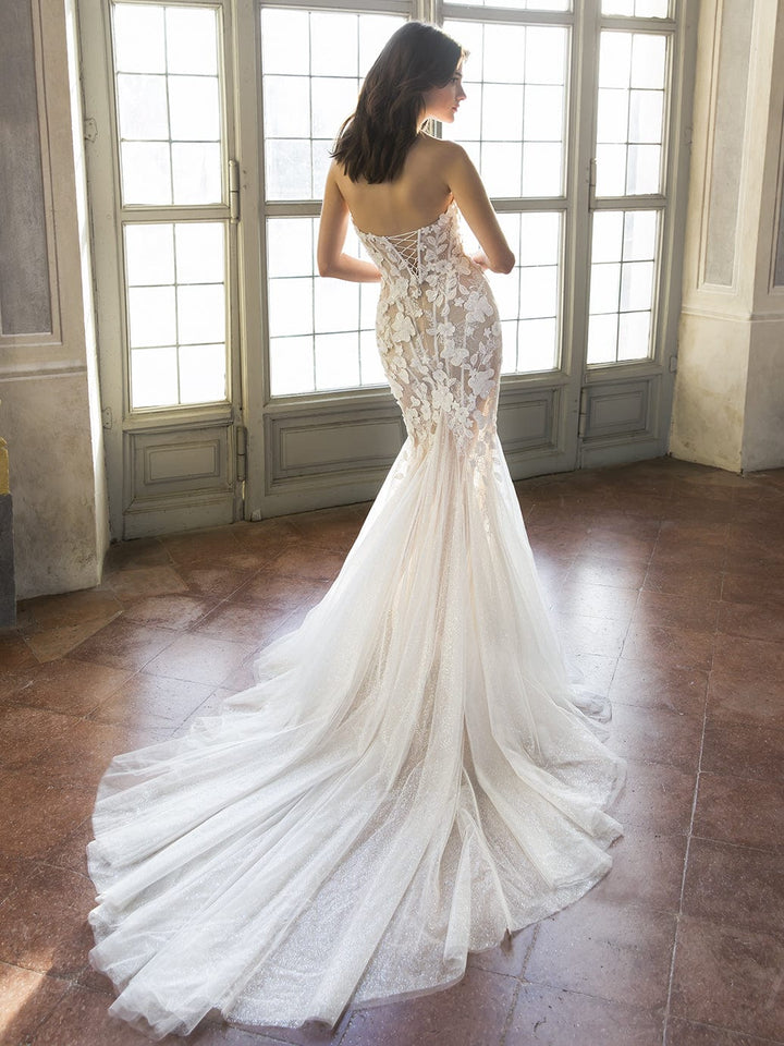 Enzoani Tulip sample sale wedding dress fitted sparkly with floral details train view