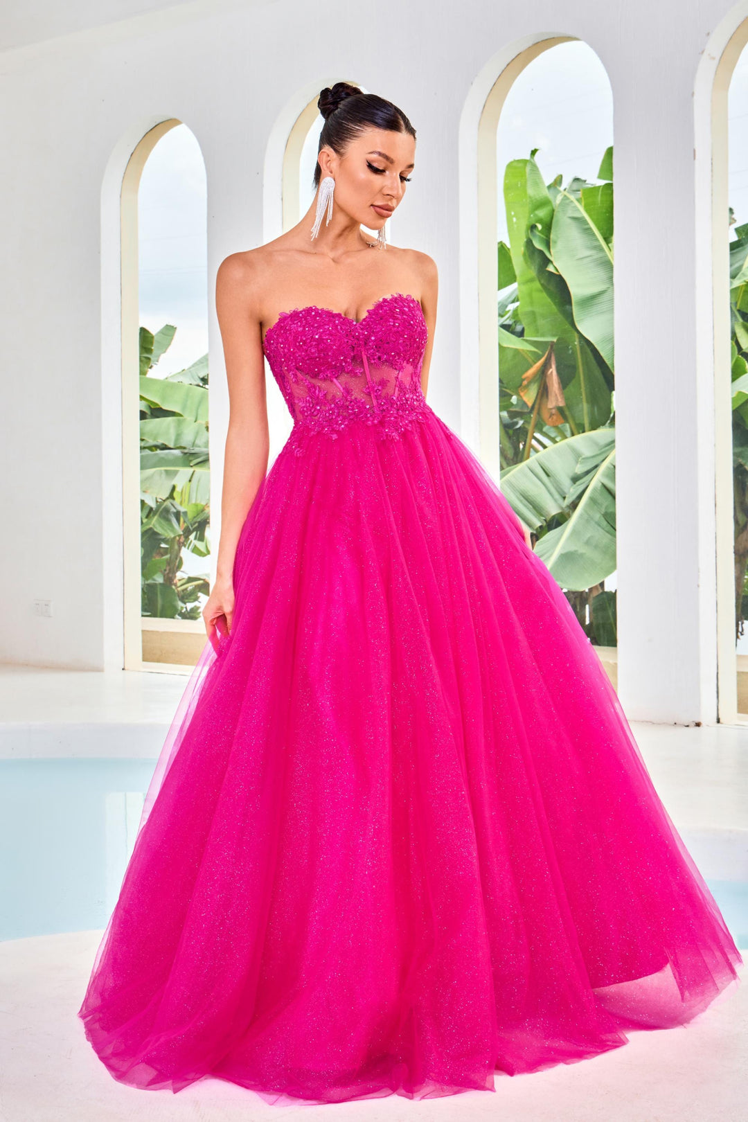 Wedding Dress Fuchsia Pink Ball Gown Elegant Off-Shoulder Hot Pink