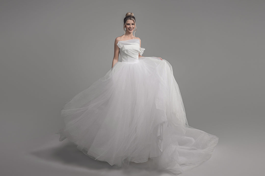 Magnolia Couture Nepeta sample sale wedding dress organza ballgown with sparkle layer front and train view