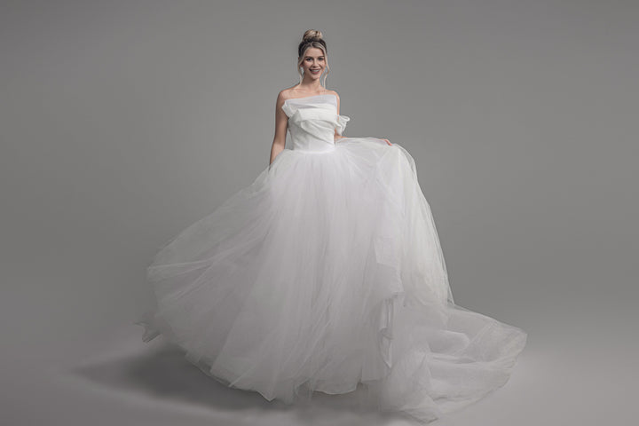 Magnolia Couture Nepeta sample sale wedding dress organza ballgown with sparkle layer front and train view