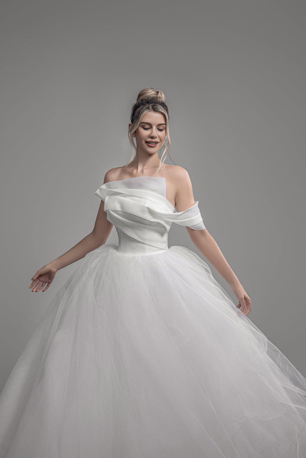Magnolia Couture Nepeta sample sale wedding dress organza ballgown with sparkle layer front details view