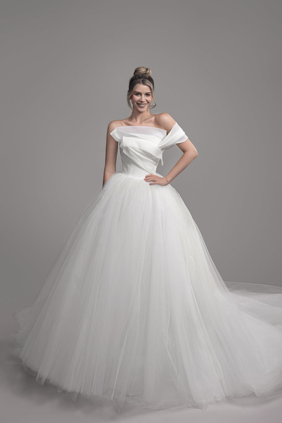 Magnolia Couture Nepeta sample sale wedding dress organza ballgown with sparkle layer front view