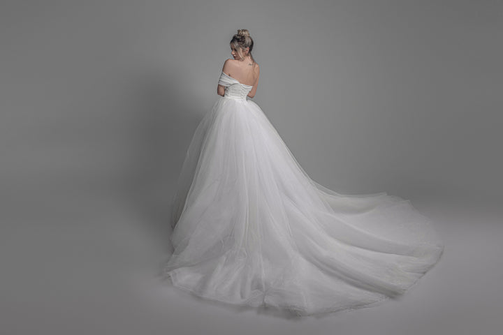 Magnolia Couture Nepeta sample sale wedding dress organza ballgown with sparkle layer train view