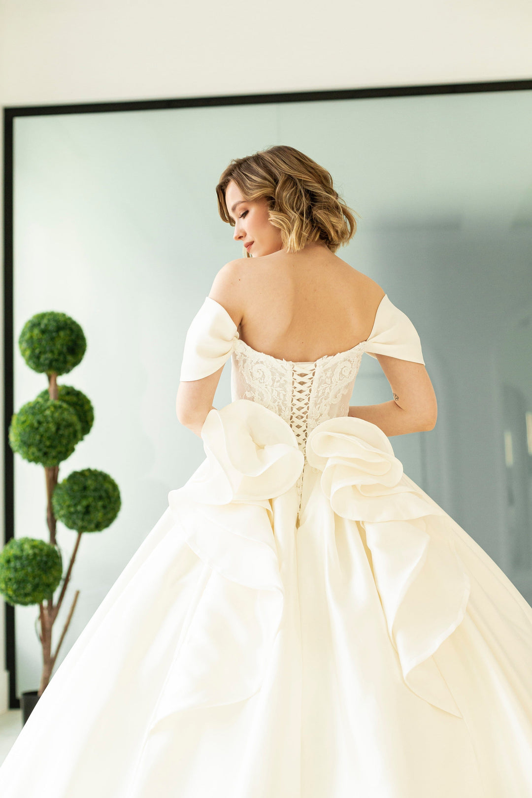 Magnolia Couture Scabiosa sample sale ballgown wedding with off-the-shoulder straps back details view