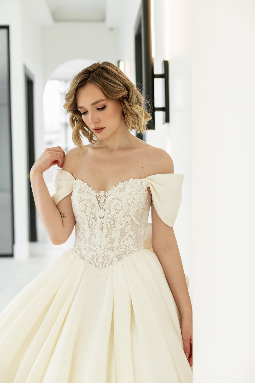 Magnolia Couture Scabiosa sample sale ballgown wedding with off-the-shoulder straps front details view
