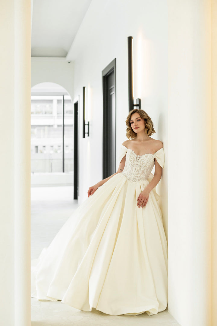 Magnolia Couture Scabiosa sample sale ballgown wedding with off-the-shoulder straps front view