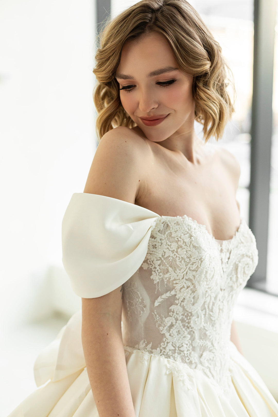 Magnolia Couture Scabiosa sample sale ballgown wedding with off-the-shoulder straps side details view