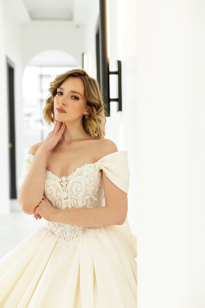 Magnolia Couture Scabiosa sample sale ballgown wedding with off-the-shoulder straps side view