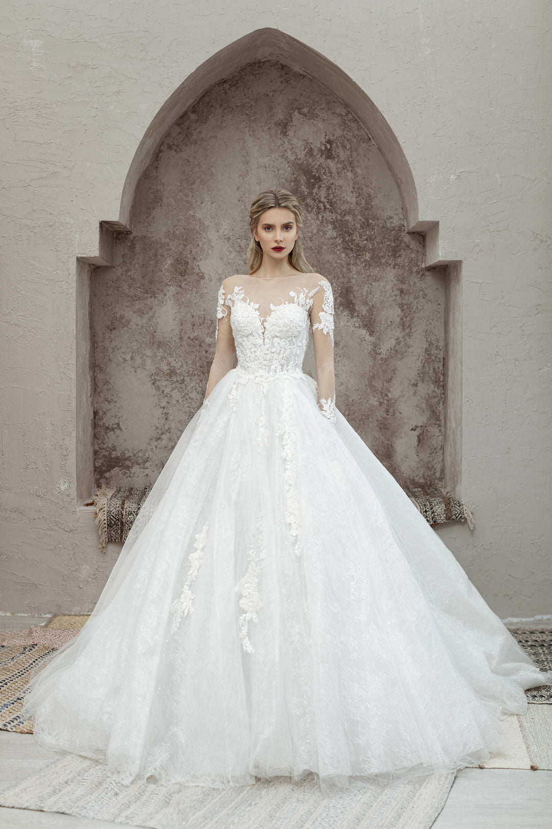 Romantic Floral Lace Ballgown Wedding Dress with Bustier Bodice