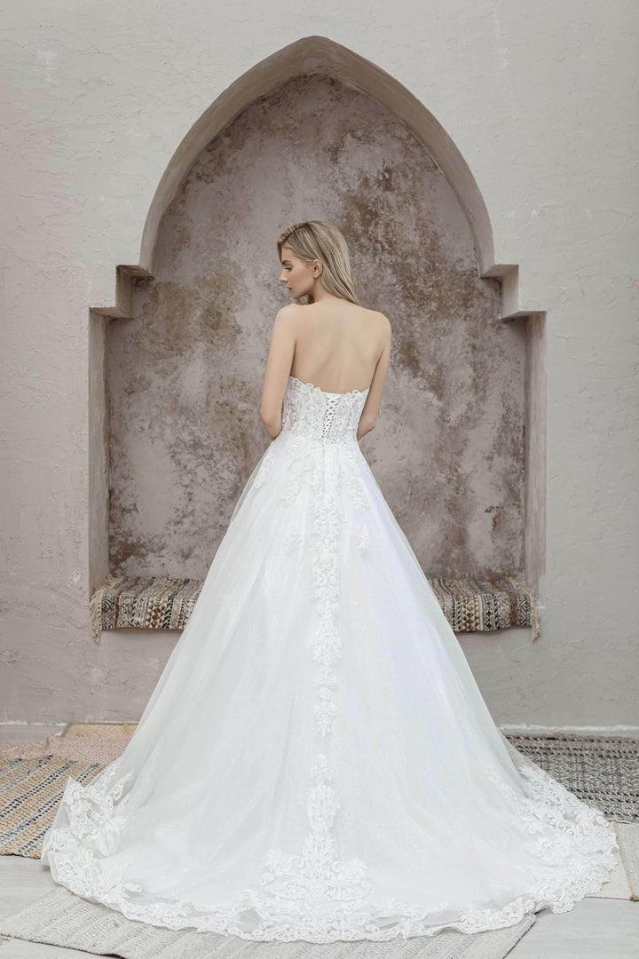 Magnolia White Amaryllis sample sale lace aline wedding dress with sparkles back view